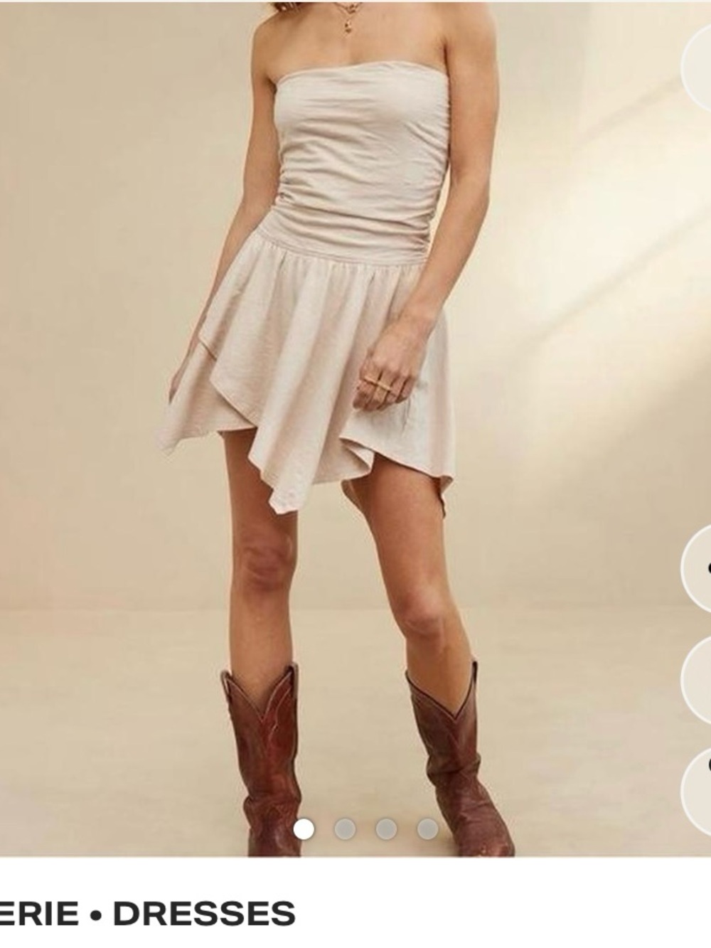 aerie Strapless Ruched Bodice Asymmetrical Hem Dress in Cream